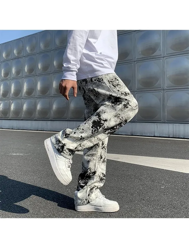 Calças de brim impressas unissex cintura elástica primavera 2025 esfregar calças jeans moda masculina estilo coreano alta rua solta calças hip hop