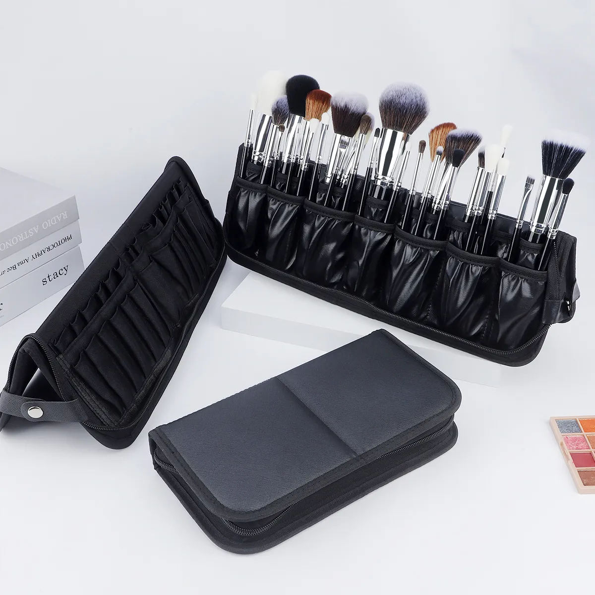 Grande bolsa de maquiagem dobrável preta, organizador de armazenamento de 14-40 furos para pincéis de beleza, bolsa cosmética com alças