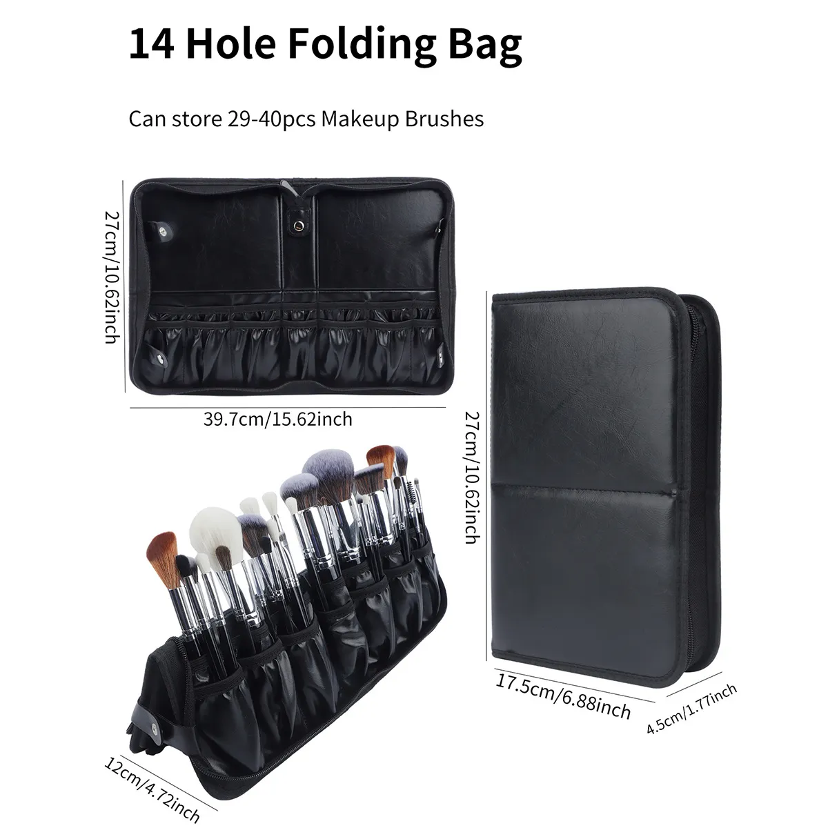 Grande bolsa de maquiagem dobrável preta, organizador de armazenamento de 14-40 furos para pincéis de beleza, bolsa cosmética com alças