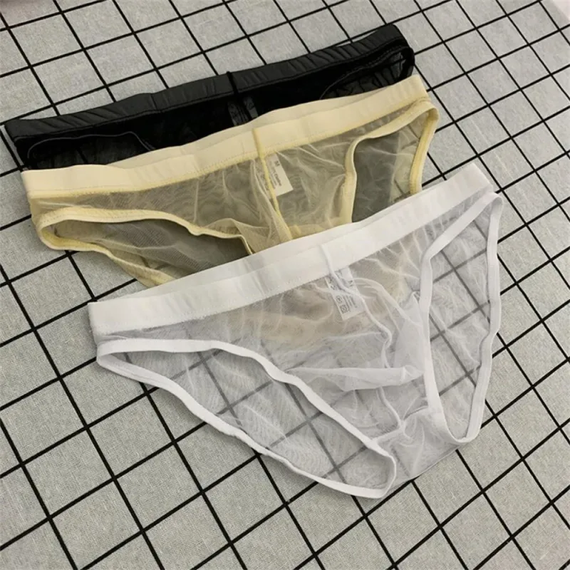 Ultra-thin Sexy Mesh Fully Transparent Men Briefs Panties See Through Underwear Quick Dry Male Underpants Plus Size