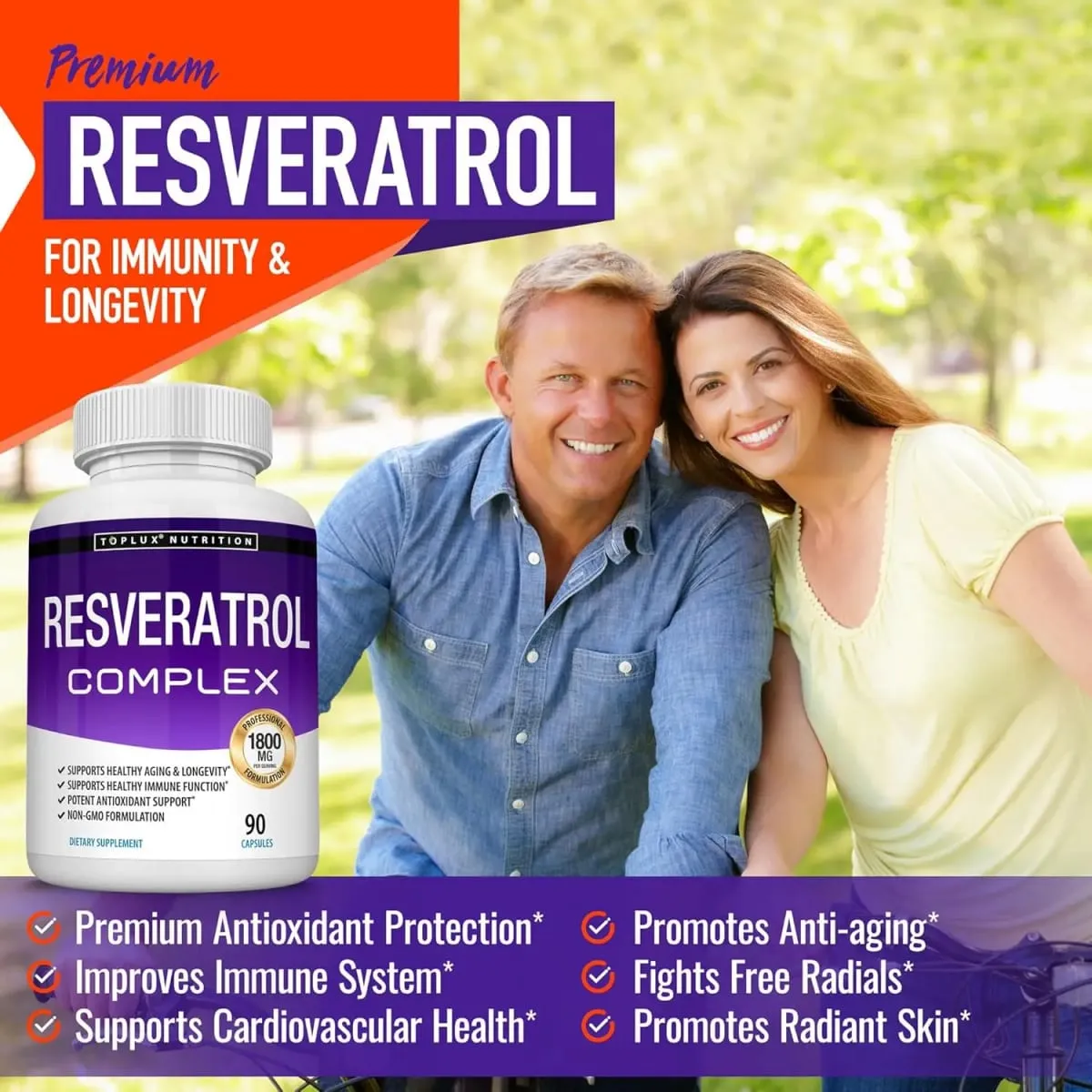 Complexo de Resveratrol - Suplemento de Resveratrol Trans com Semente de Uva - Promove o envelhecimento saudável, função cerebral do sistema imunológico 90 comprimidos