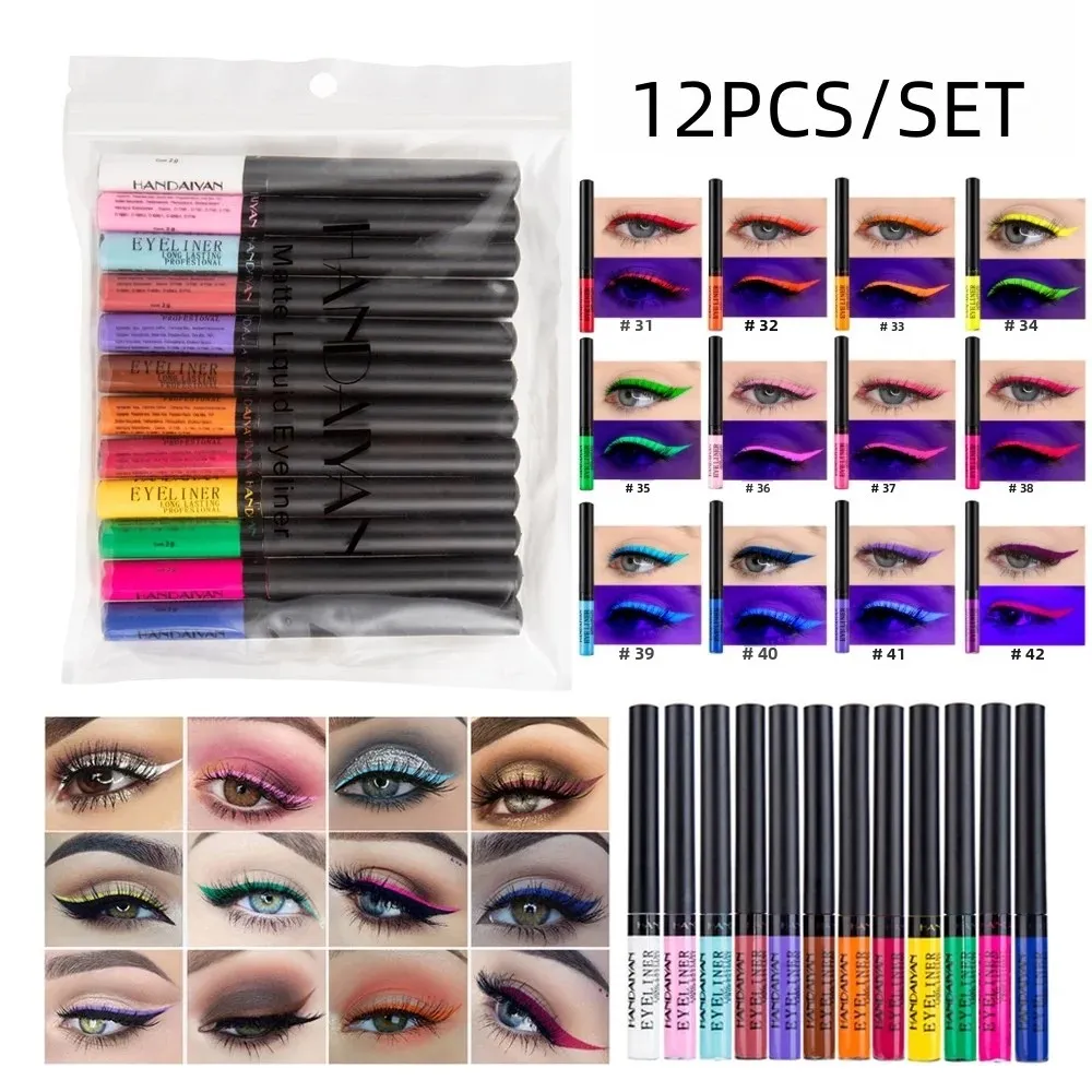 12pcs Colorful Waterproof Eyeliner Pen Set Fluorescent Matte Long-Lasting 24hrs Eye Liner Pencils for Face Makeup Decoration