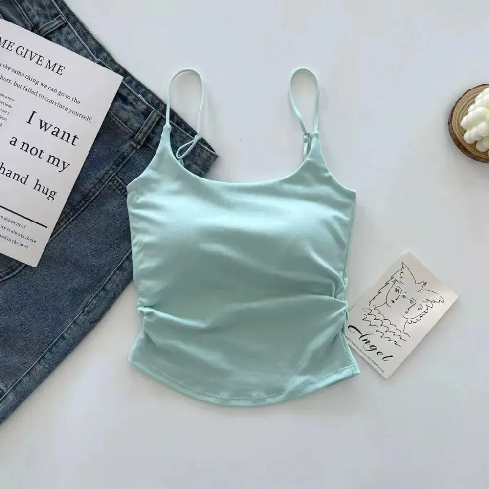 Simples sem mangas suspender colete fino com copos acolchoados camisola roupa interior curto colete atividades esportivas
