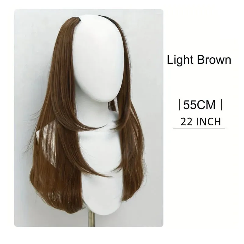 Extensões de cabelo sintético de 22 polegadas combina bem camadas longas retas onduladas em forma de V apliques de cabelo marrom