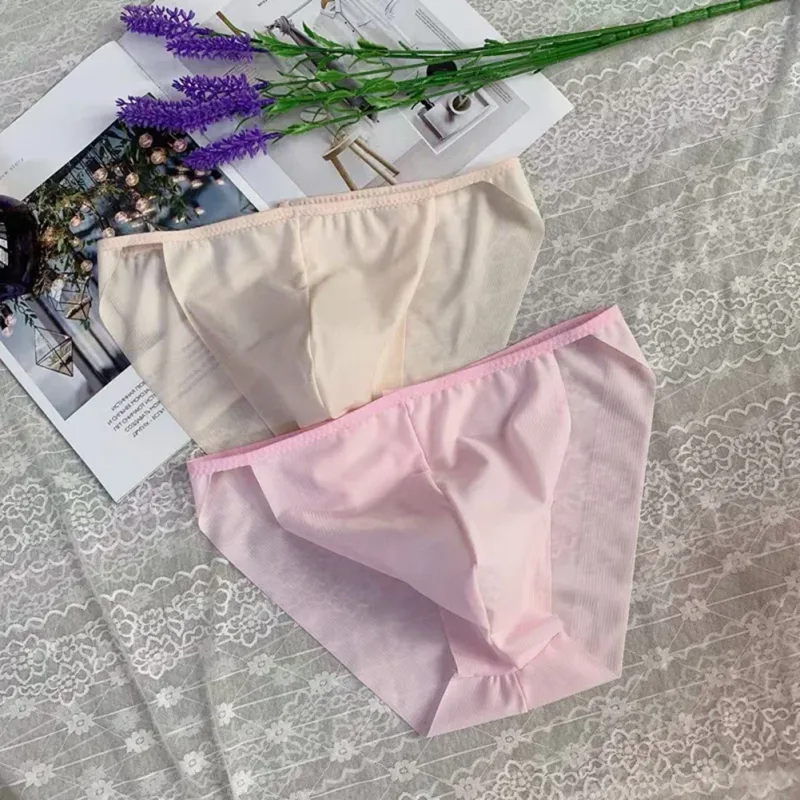 Confortável protuberância bolsa masculina alta corte transparente calcinha de malha cuecas moda sem costura lingerie homem
