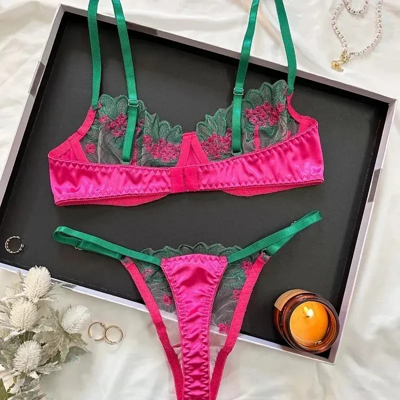 2-piece women's black comfortable lightweight semi transparent lingerie set Fancy Lingerie Floral Lace Bra Set Luxury Underwear