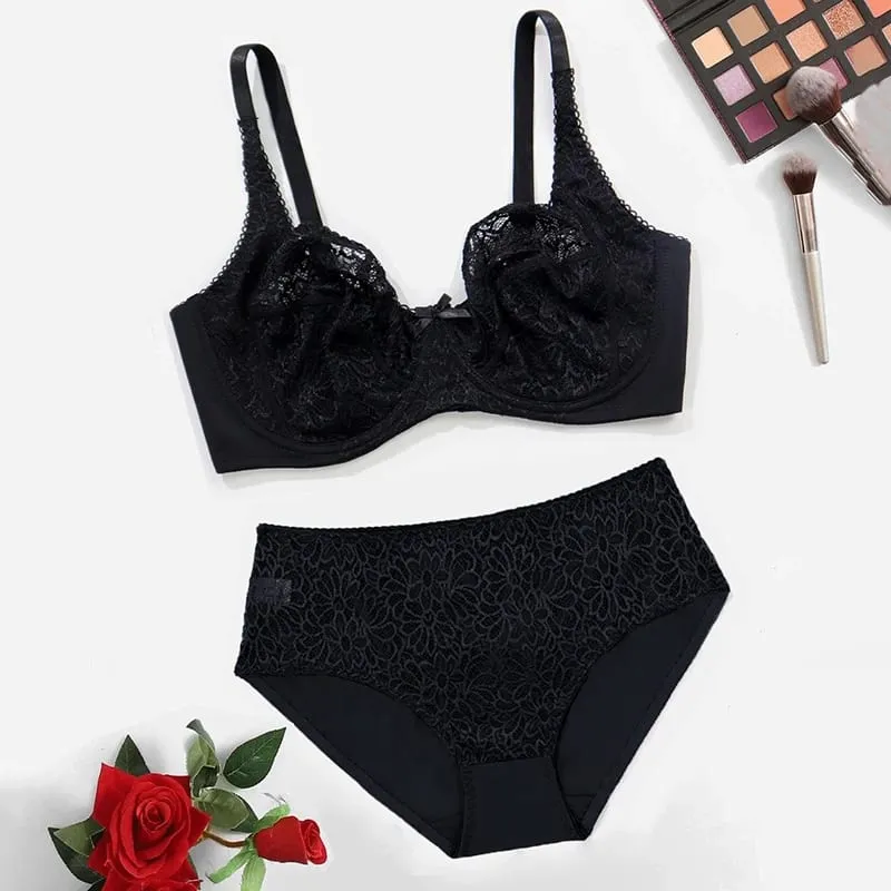 Female Big Size Lace Lingerie Set Bra with Wire Unlined Thin Breathable Bra and Panties Set 85C-110E