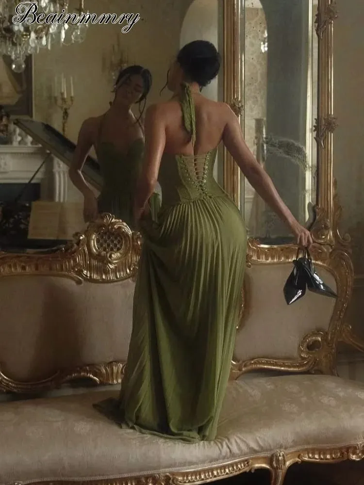 Green Fishbone Corset Halter Maxi Dress Women Backless Off Shoulder Pleated Heart Neck Slim Robe Lady Christmas Party Gown New
