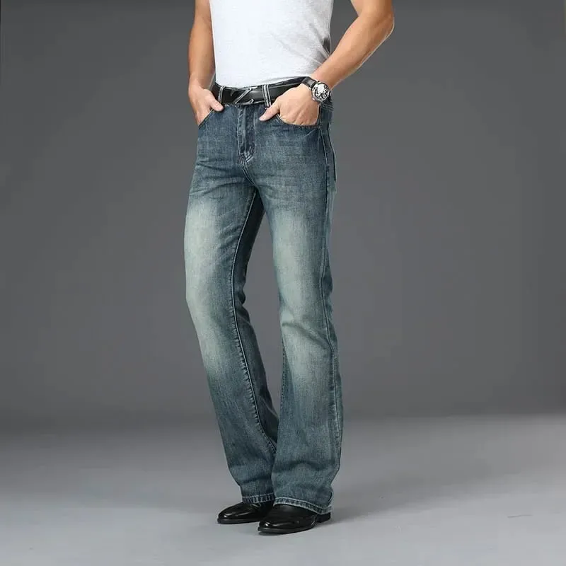 Denim queimado calças de brim dos homens boot corte denim calças confortáveis ​​ligeiramente magro clássico solto casual azul preto para masculino bootcut