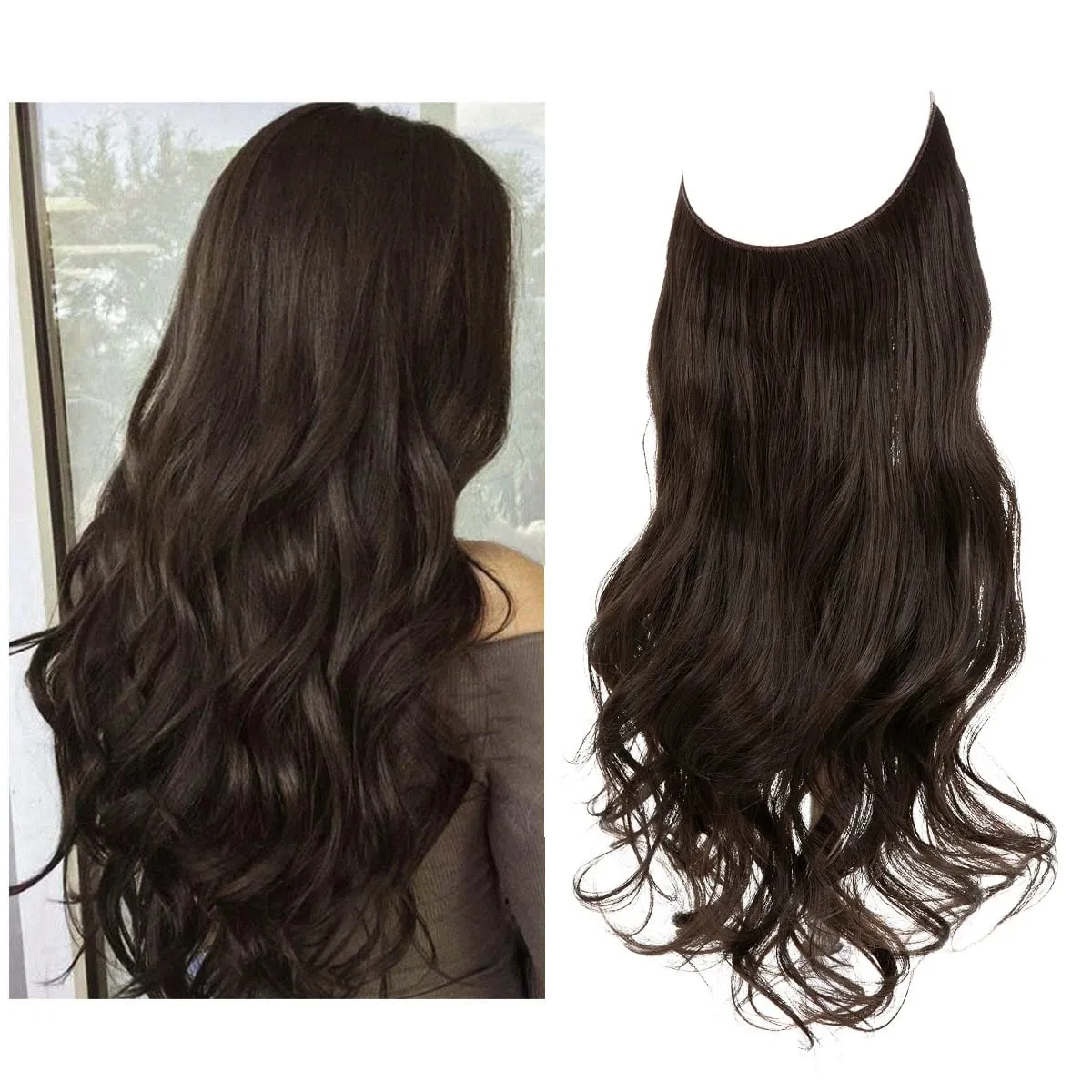 Nice Premium Synthetic Invisible Wire With Clip In Hair Extensions Daily Use Hairpieces Long Brown Natural Wavy Fake Hair piece