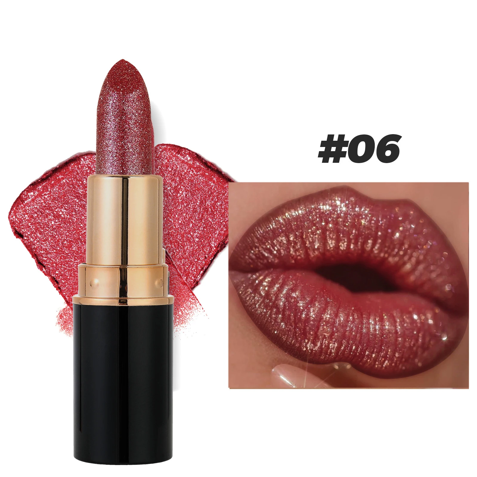 6 Colors Glitter Lipstick Waterproof Lasting Diamond Pearlescent Metallic Lipstick Pink Red Lip Gloss Women Lips Makeup Cosmetic