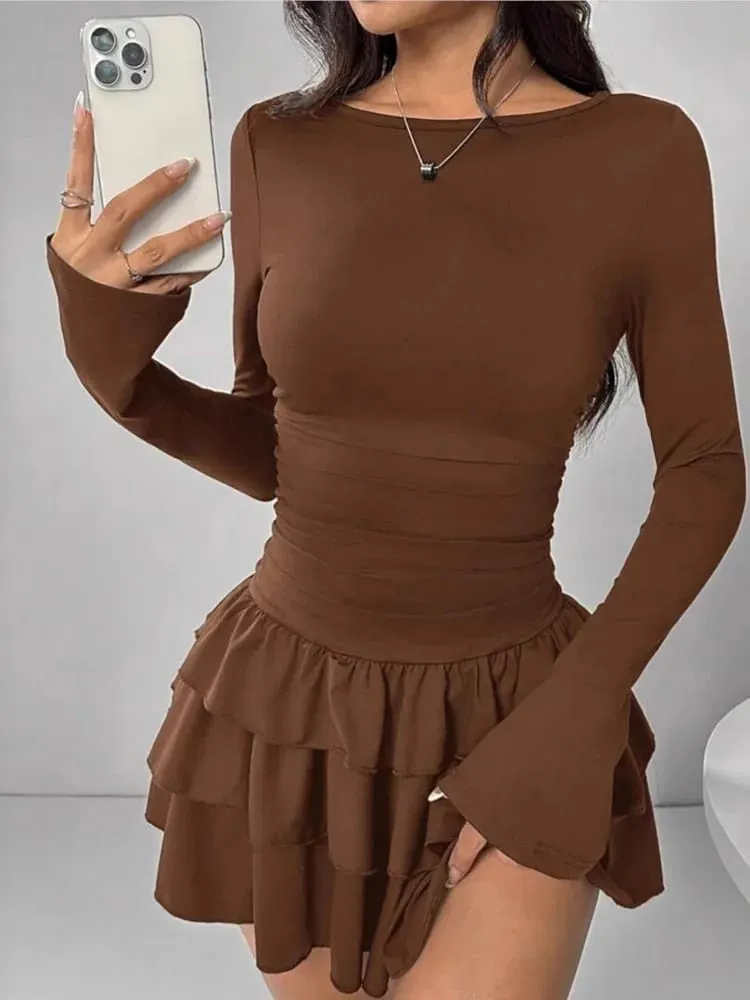 Vestidos temperamento 2025 mulher mini vestidos estilo simples elegante francês bodycon magro plissado moda manga longa deslocamento sexy — image 2