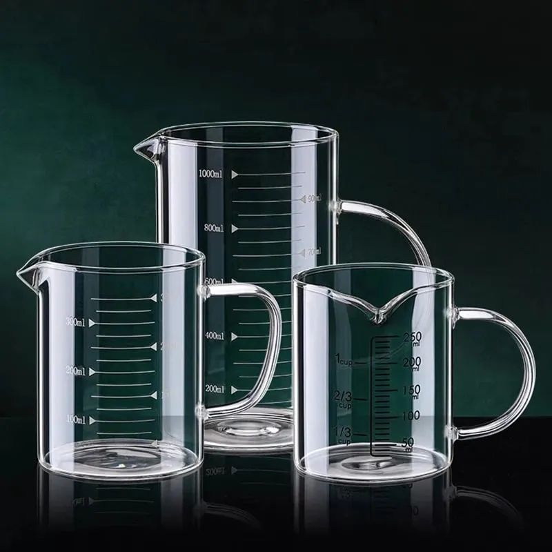 1/2 pces copo de medição de vidro com alça resistente ao calor copo de laboratório cozinha leite café caneca de medição 250/350/500/1000ml — image 8