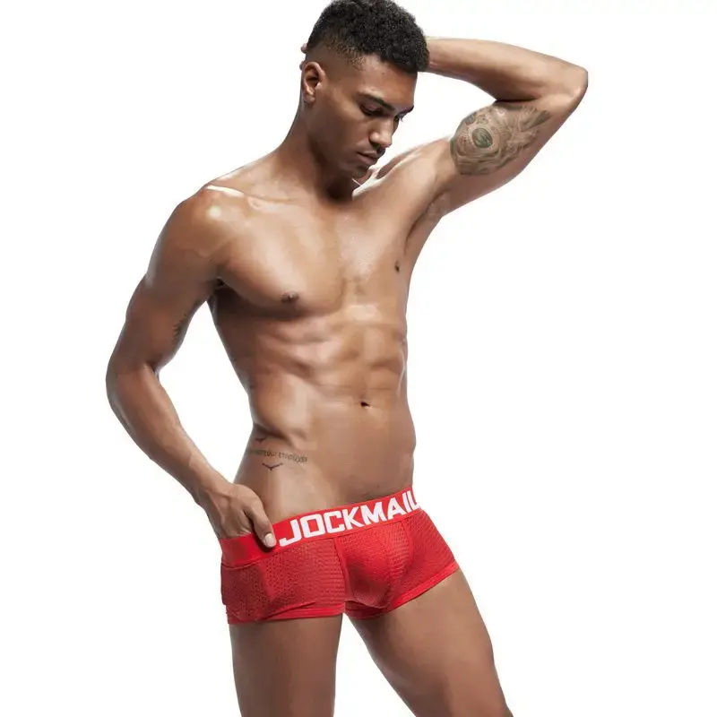 Jockmail Boxers Sexy Mens Panties Mesh Quick-drying Breathable Calzoncillos Solid Color Simple Boxers Hombre Semi-transparent