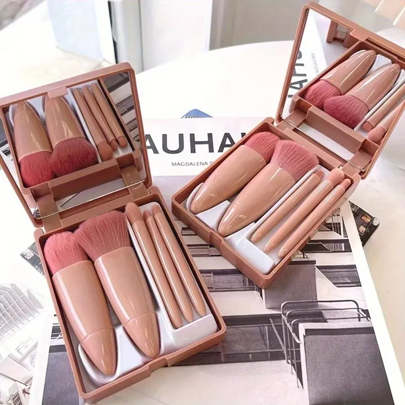 5pcs Mini Pincel de Maquiagem Conjunto com Espelho - Pincéis Cosméticos de Viagem Multifuncionais Unscented Palm Brush Design Ferramentas de Maquiagem