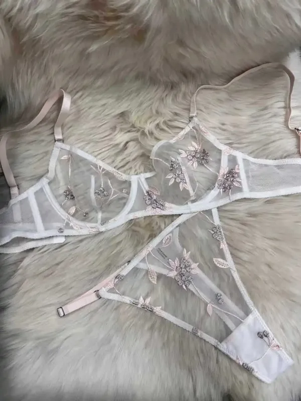 Popular Sheer Mesh Bra Set Transparent Lace Embroidery Underwire Anti‑Sag Push‑Up Minimizer Bra For Big Bust Women