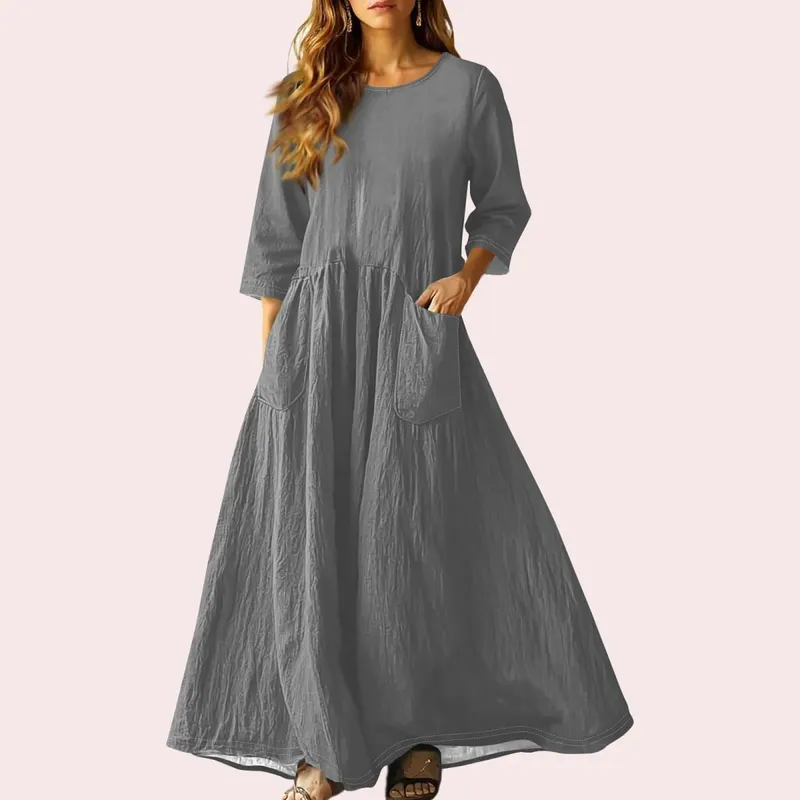 Women's Summer Loose Long Dresses Solid Color Three-quarter Sleeve Double Pocket Dress Loose Round Neck Linen Dress Vestidos — image 11