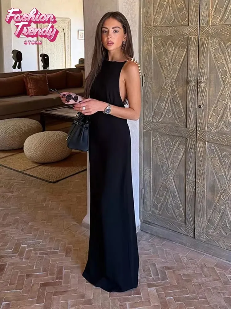 Sólido halter sem costas lado recorte maxi vestido feminino estiramento jérsei até o chão magro bodycon vestidos noite clube férias robe — image 7