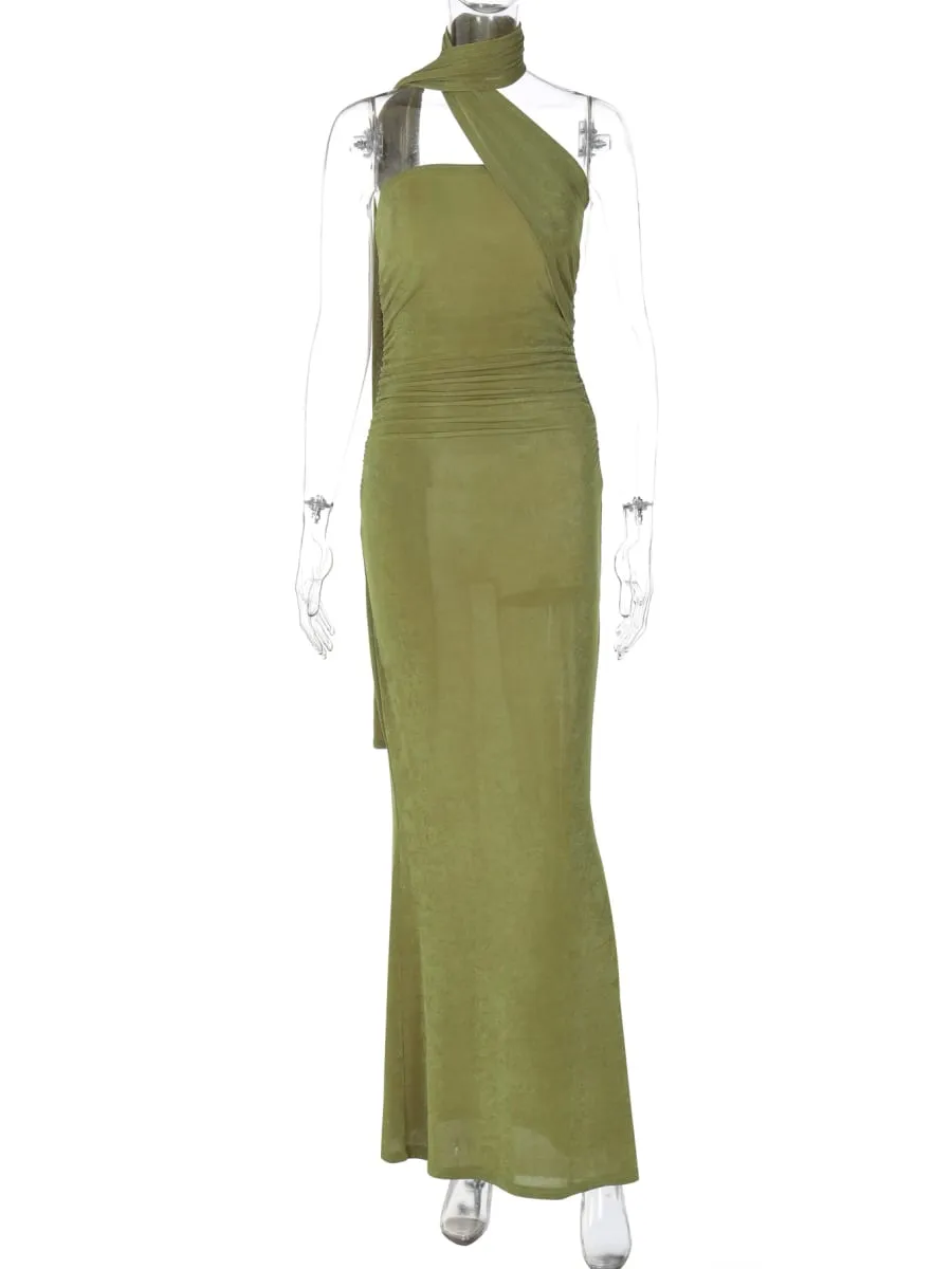 Hugcitar Halter Solid Sleeveless Backless Ruched Sexy Bodycon Maxi Prom Dress Summer Women Elegant Outfit Evening Party Birthday