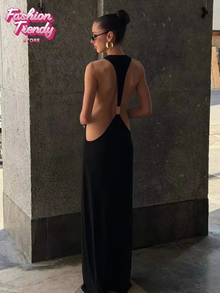 Sólido halter sem costas lado recorte maxi vestido feminino estiramento jérsei até o chão magro bodycon vestidos noite clube férias robe — image 4