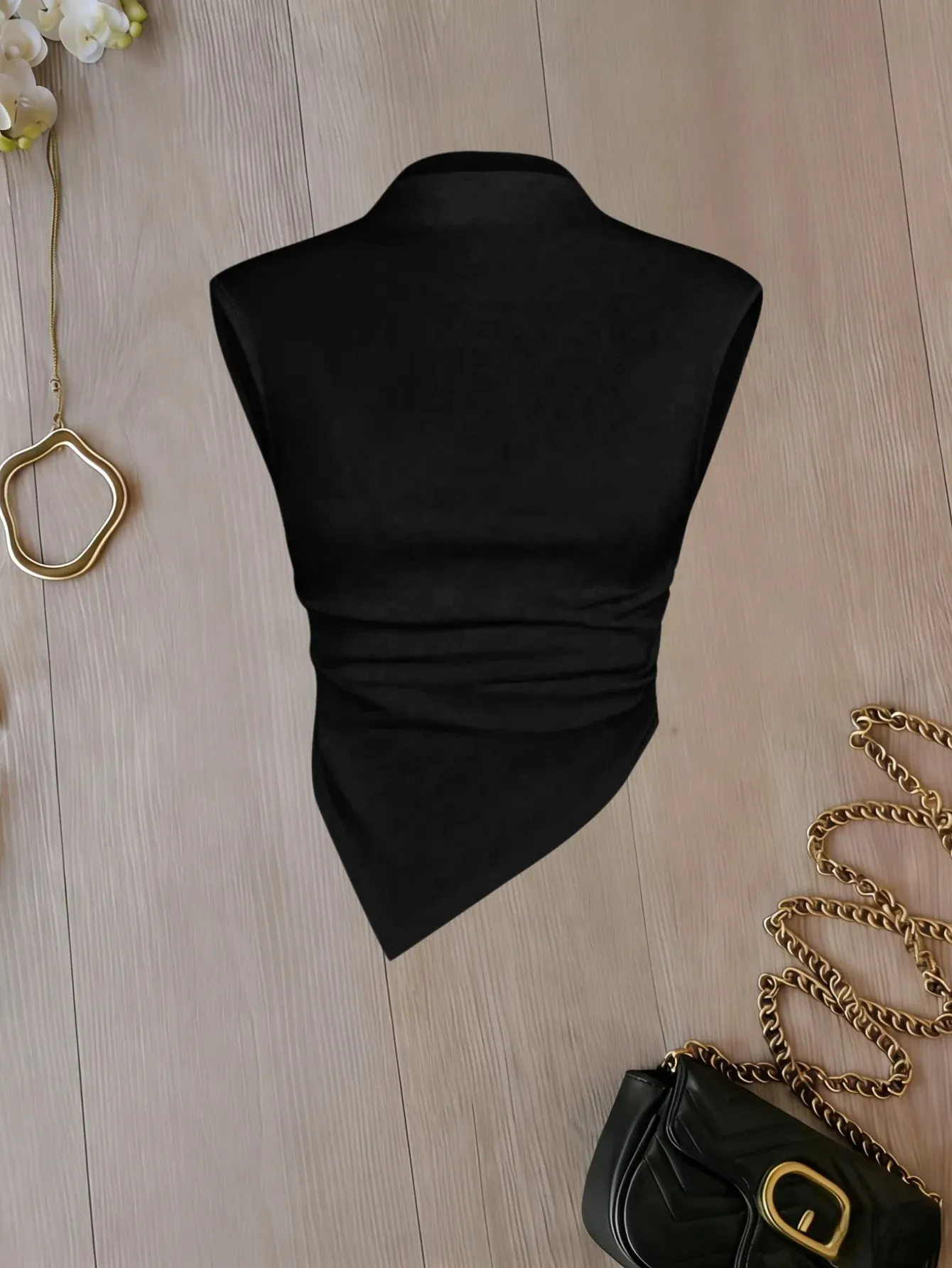 Conjunto feminino com gola simulada, sem mangas, bainha assimétrica, 2 pacotes, cor sólida, cami