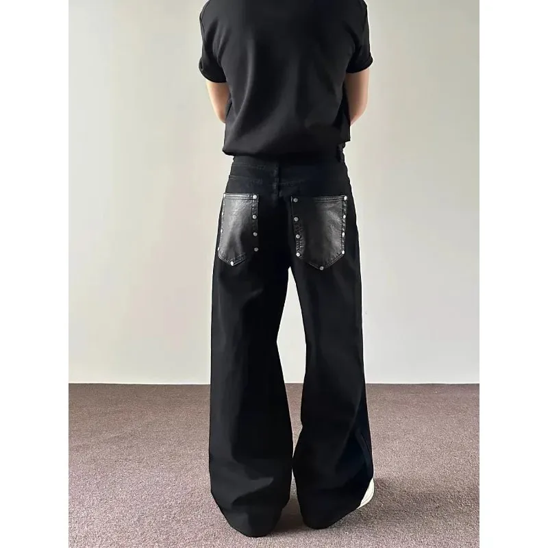 Jeans masculinos preto baggy denim calças estilo americano rebite cinco botão bolso solto ajuste streetwear homem calças