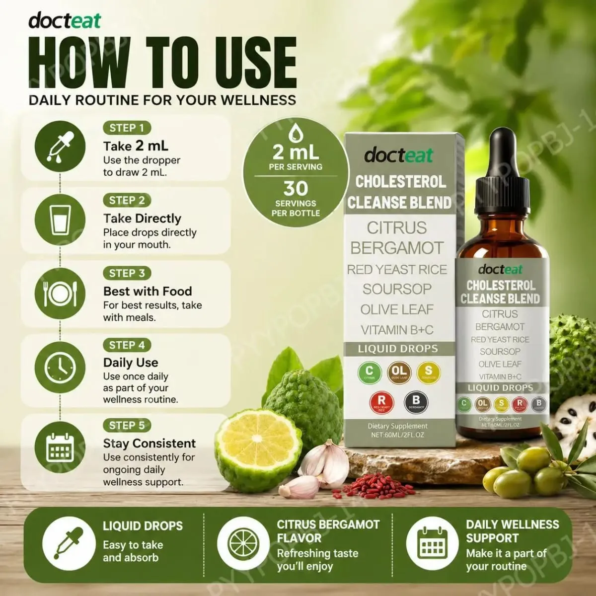 Docteat Cholesterol Cleanse Blend Gotas Líquidas Citrus Bergamota Suporta Equilíbrio Metabólico com Vitamina C e B2 Conta-gotas 60 ML