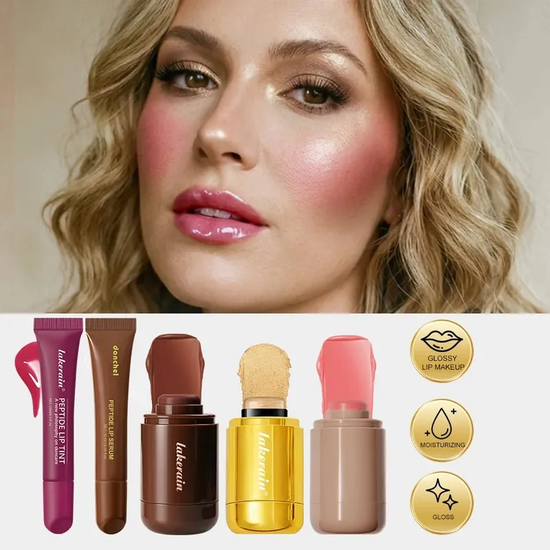 Conjunto de cosméticos multiface, 5 peças, bronzer, contorno, iluminador, blush, transparente, hidratante labial, esmalte para todos os tipos de pele
