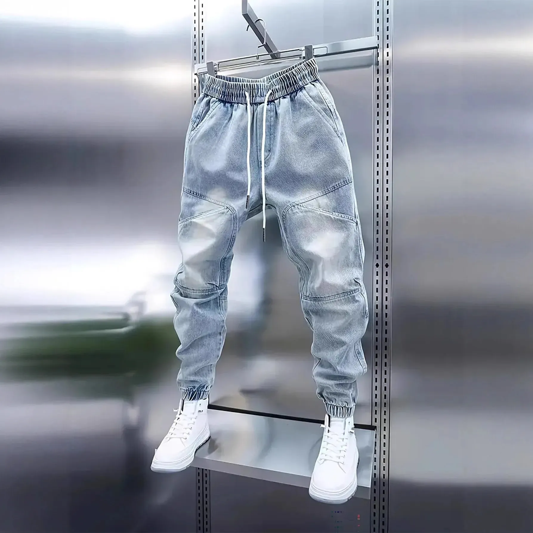 Men's New Drawstring Elastic Waist Light Blue Cuffed Baggy Jeans