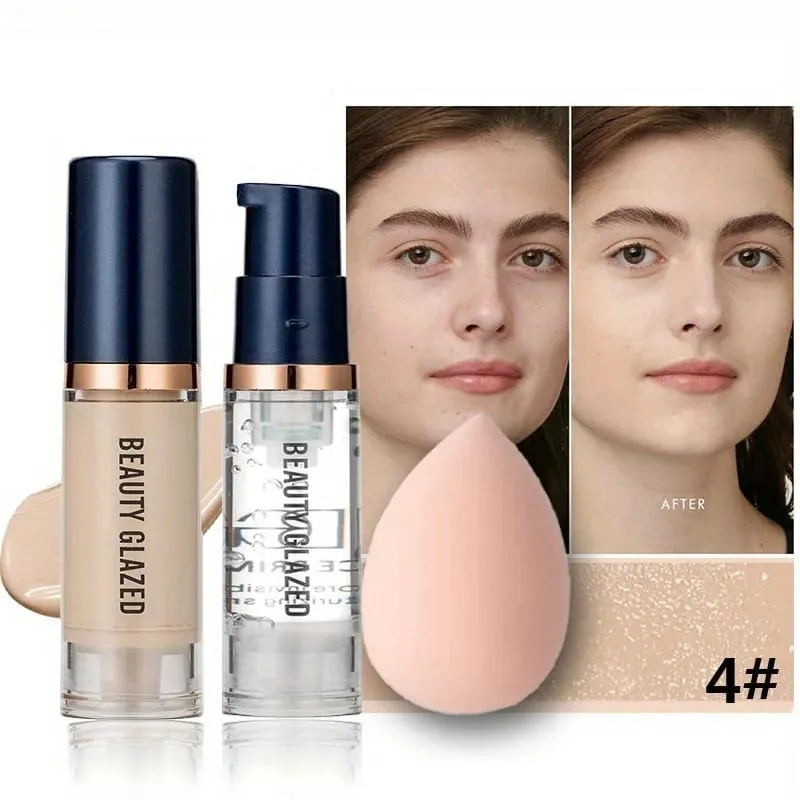 Conjunto de maquiagem facial 3 unidades fosco base líquida à prova d'água de longa duração + primer + puff