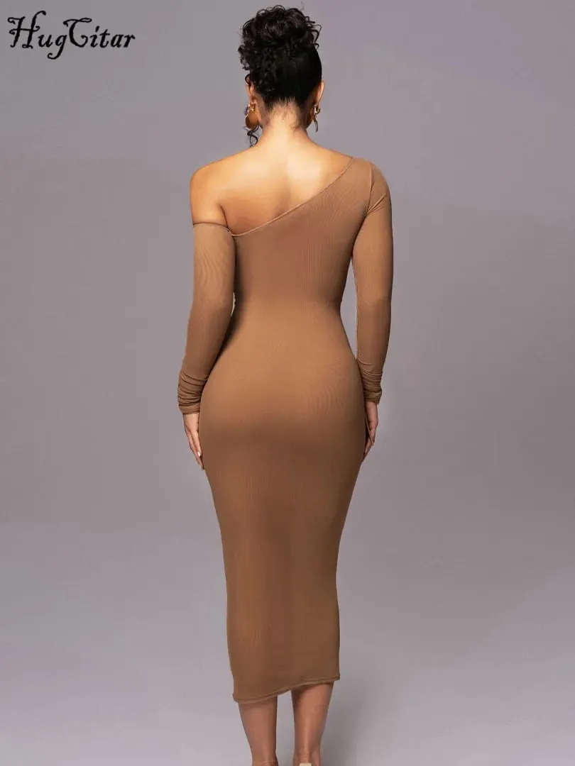 Hugcitar malha sólida gola diagonal manga longa drapeado sexy ver através bodycon maxi vestido verão moda roupas festival clube