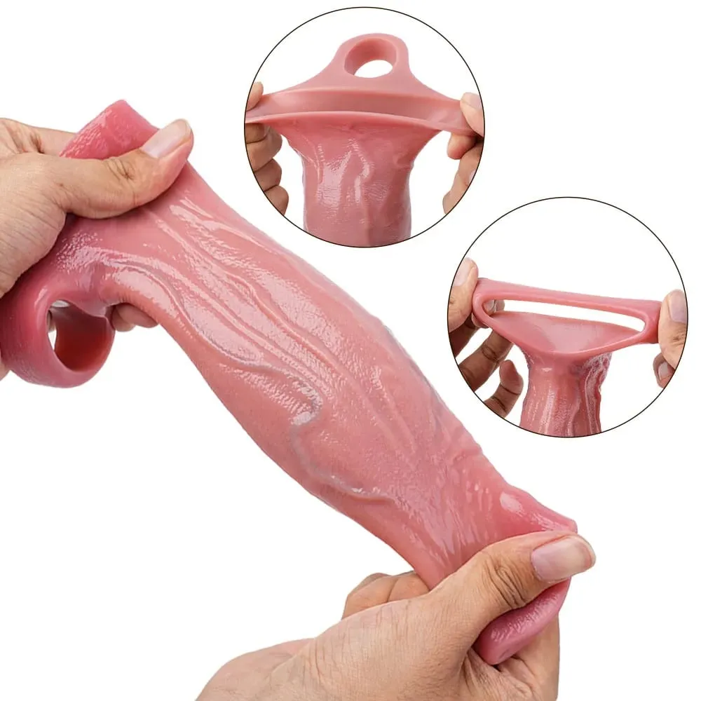 Silicone grande vibrador reutilizável pênis manga design aberto com pau ampliador silicone masculino masturbador brinquedos sexuais para homem 18 +