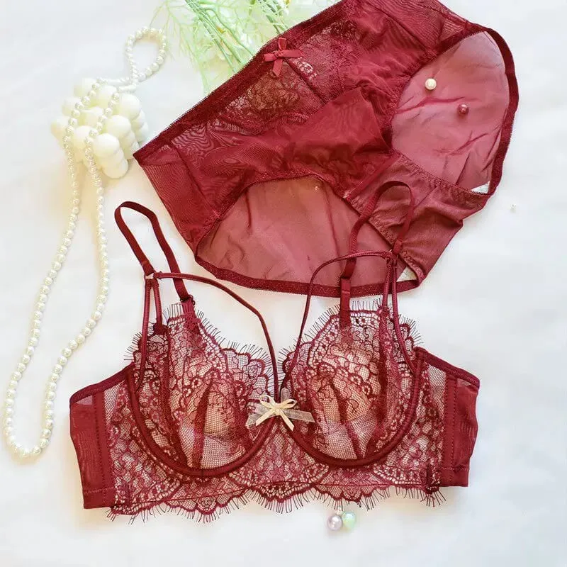 Coreano tendência quente puro desejo conjunto de sutiã de renda underwire copo fino push up grande busto visualmente pequeno anti droop lingerie 32-38 quente — image 14