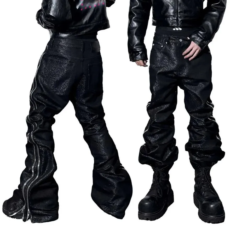 Alta qualidade fio de prata tecido textura de metal bootcut jeans homem lado duplo zíper gótico punk empilhados jeans