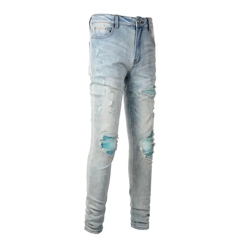 Buraco lápis calças masculinas lavado angustiado retalhos jeans cintura baixa 2024 vintage básico tornozelo comprimento calças jeans magros