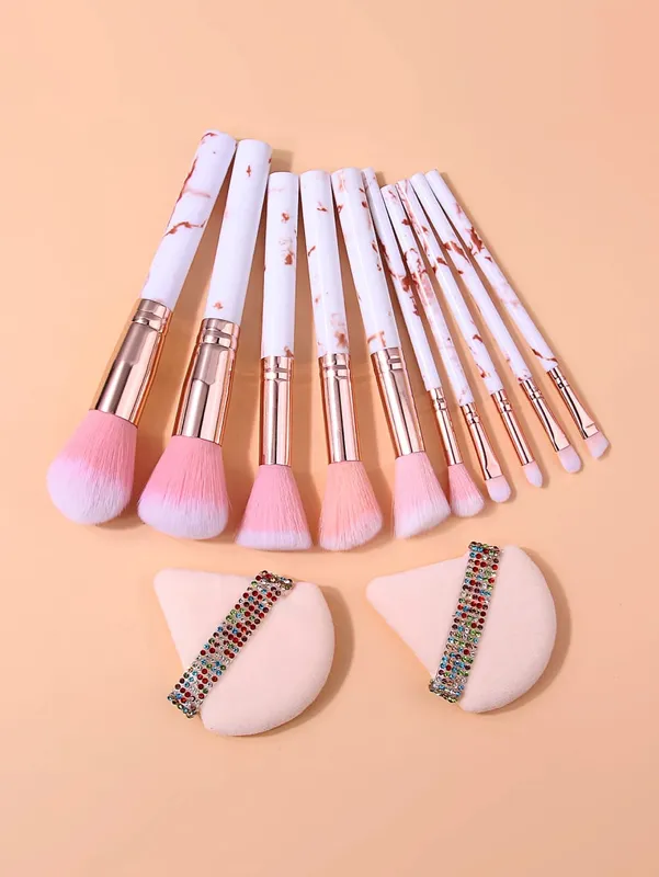 12 pçs conjunto de escova de maquiagem profissional com 2 pincéis cosméticos macios para pó blush sombra kit de maquiagem completo