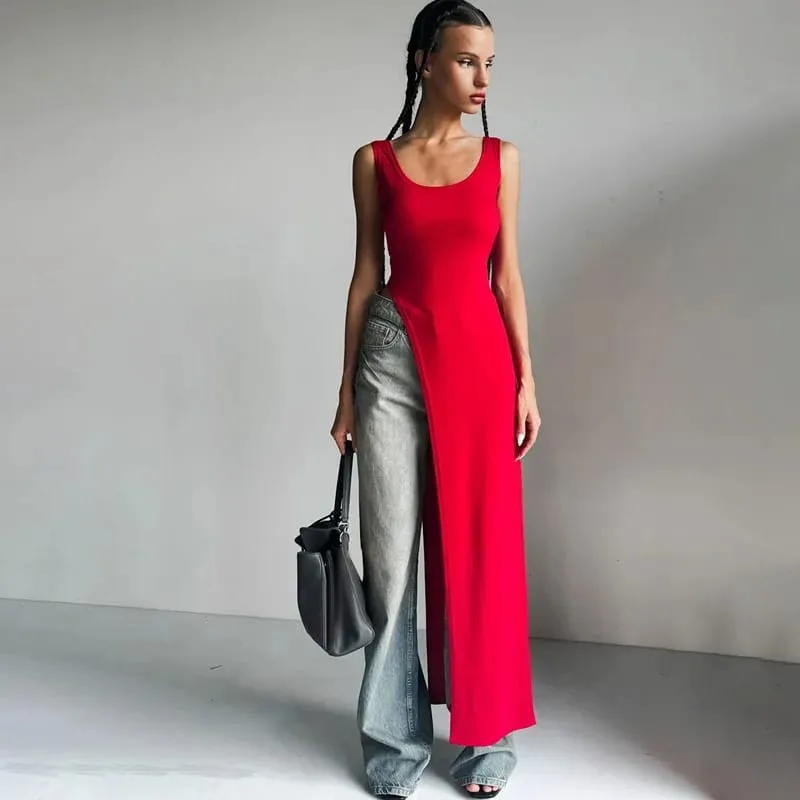 Verão personalidade tendência magro ajuste cor sólida rua nicho irregular assimétrico bainha sem mangas vestido colete