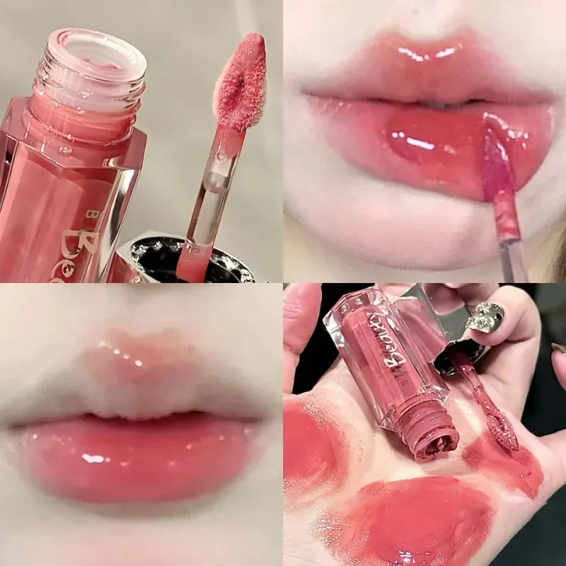 Gelo transparente marrom brilho labial hidratante batom líquido brilhante nude água luz espelho de vidro maquiagem de longa duração