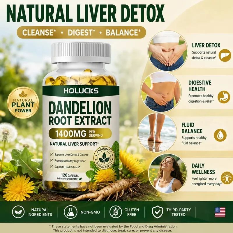 Extrato natural de raiz de dente de leão, cápsulas de 1400 mg, suporte para desintoxicação do fígado, ajuda a limpar o equilíbrio do fluido digestivo e a vitalidade diária leve