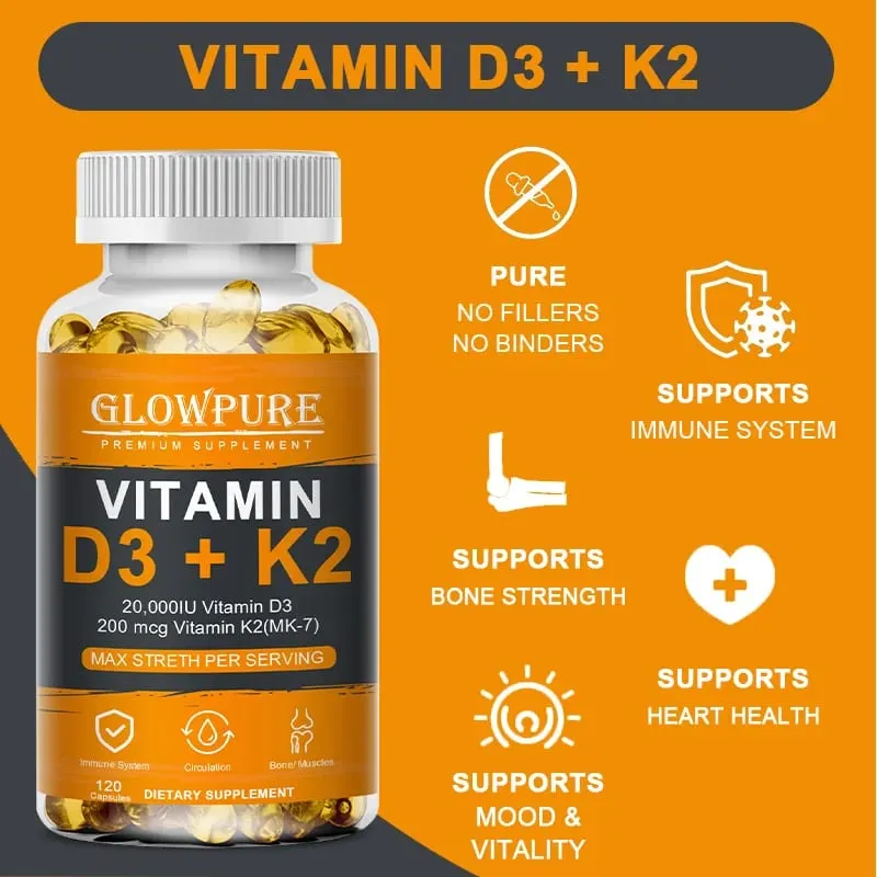 Cápsula de vitaminas D3 K2 para absorção de cálcio nas articulações dos ossos, sistema imunológico cardiovascular, suplemento diário de saúde