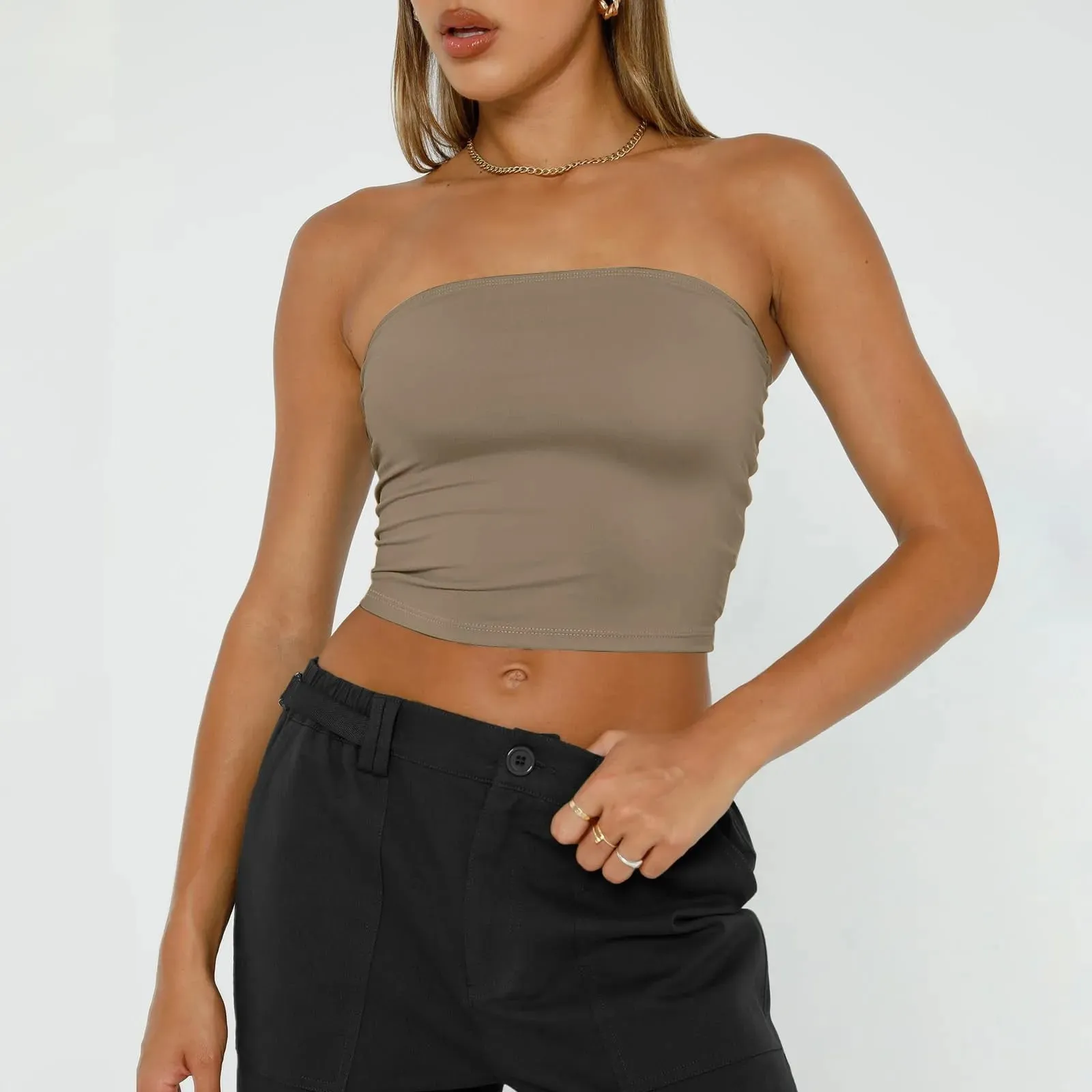 Top curto feminino sem alças, básico, sem costas, sem mangas, bandeau, fofo, sexy, tendência, moda de rua, clássico, sólido, tubo — image 14