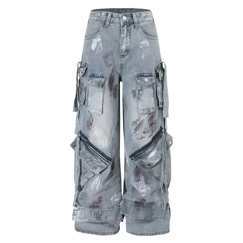 2000s y2k indústria pesada calças de arrasto gótico multi-bolso hip hop calças de perna larga lavadas calças de brim pretas homens e mulheres calças de rua
