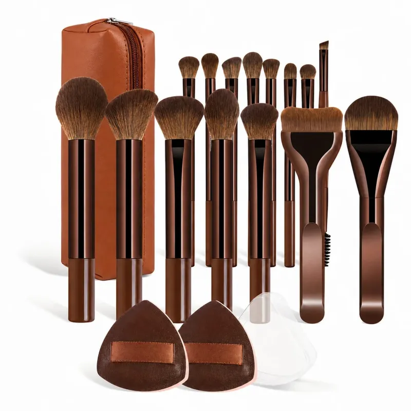 Conjunto de pincéis de maquiagem - 18 unidades multifuncionais de alto valor - incluindo 15 pincéis de maquiagem + 2 puffs de pó + bolsa de maquiagem - amigo de viagem