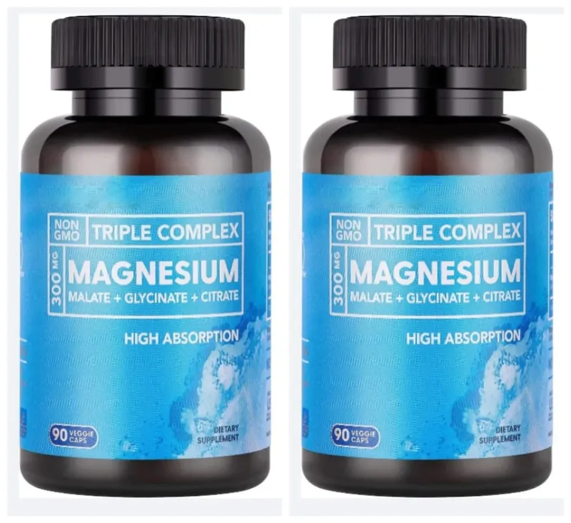 Complexo Triplo de Magnésio 300mg Malato Glicinato Citrato Suplemento Mineral Diário de Alta Absorção Vegano Não OGM 90 Cápsulas Vegetais