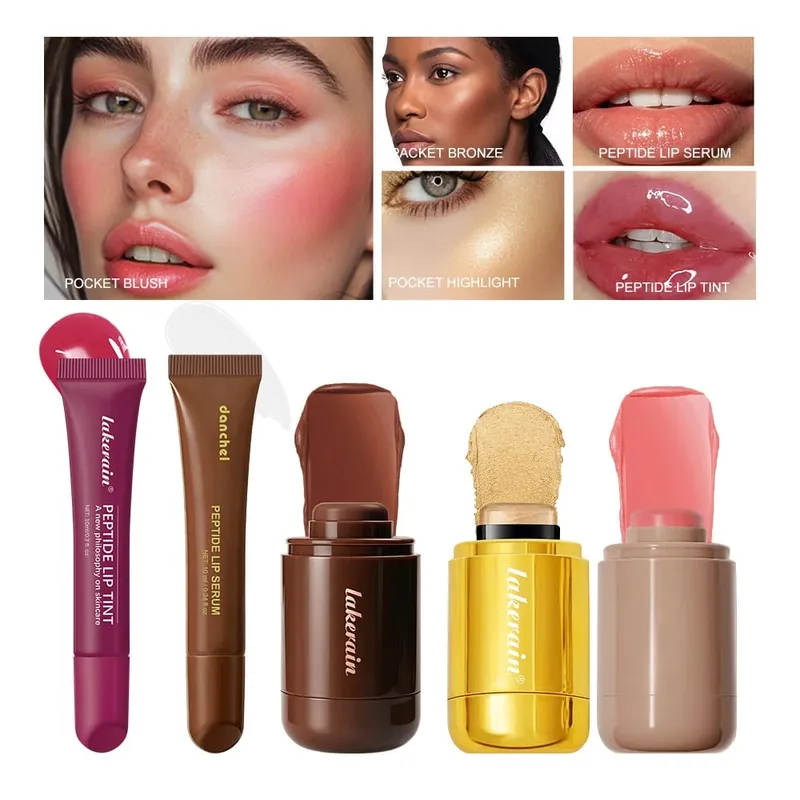 Conjunto de cosméticos multiface, 5 peças, bronzer, contorno, iluminador, blush, transparente, hidratante labial, esmalte para todos os tipos de pele