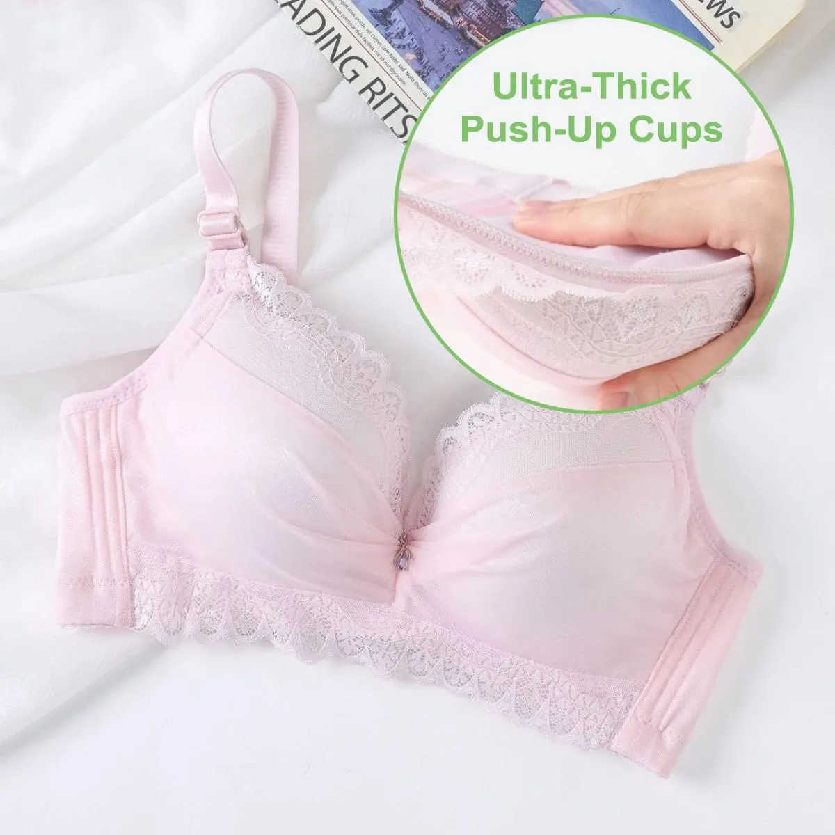 Ultra-Thick Push Up Bra with Side Support 8cm Thick Cups Lace Gathered Lingerie Wireless Full Coverage Bra for A/B Cup