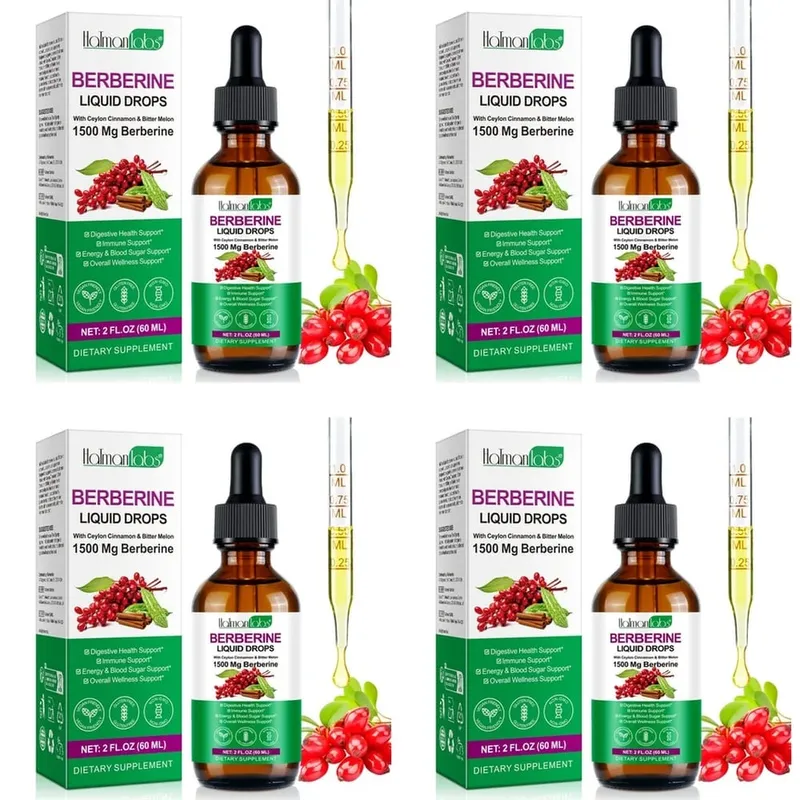 Gotas líquidas de berberina Holmanlabs com canela do Ceilão e melão amargo Suporte à saúde digestiva 1500 mg Vegano não OGM 60 ML