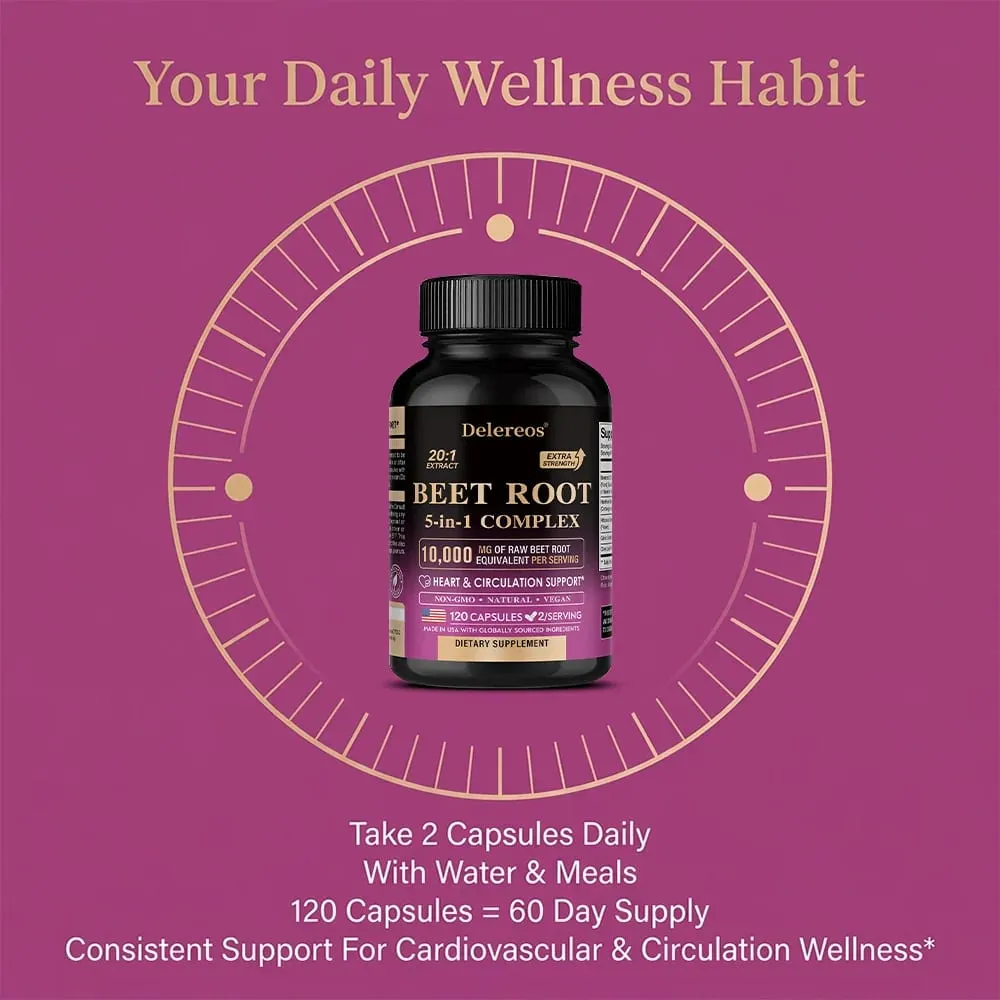 Organic Beetroot Extract Capsules 500mg Supports Blood Circulation & Heart Wellness Blood Flow Improves Immunity