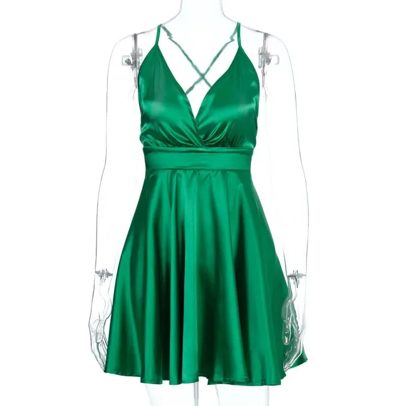 Verão sexy 2000s europeu e americano cor sólida com decote em v arco high street estilo vintage emo cinta vestido cinta a linha curto dres