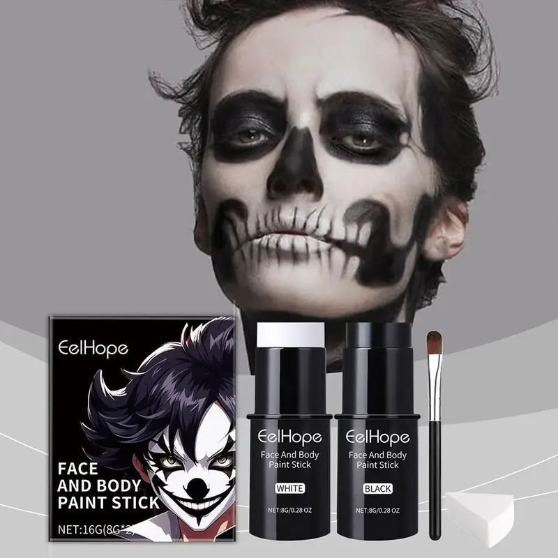 Kit de pintura corporal facial preta e branca, base de longa duração, à prova d'água, esqueleto de halloween, cosplay, ferramenta de maquiagem corporal 2026